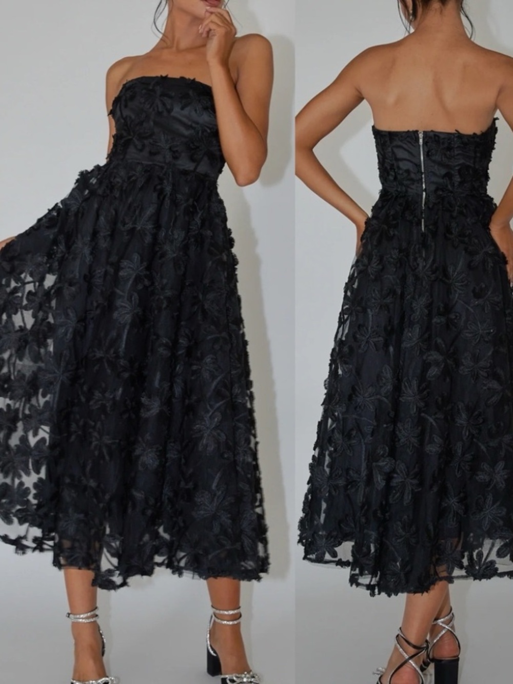 Selfie Leslie Dori Floral Embellished Midi Dress Black Strapless Event Evening